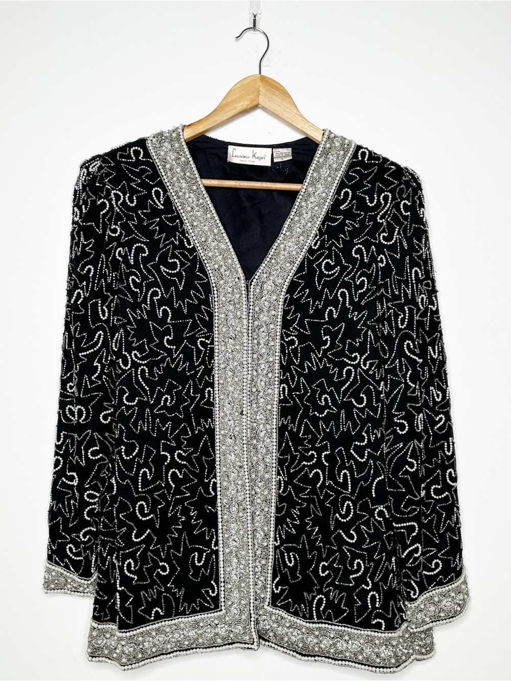 Laurence Kazar Vintage Beaded 100% Silk Blazer Evening Jacket Black Silver Large